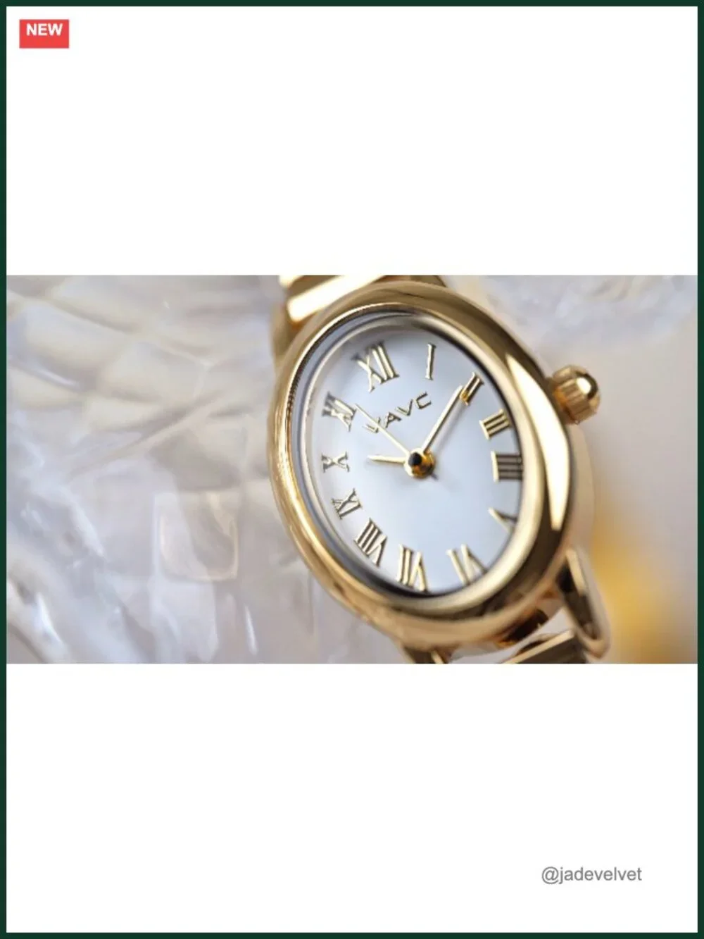 Small Gold Women's Quartz Watch Stainless Steel Expansion Band Oval Roman Dial